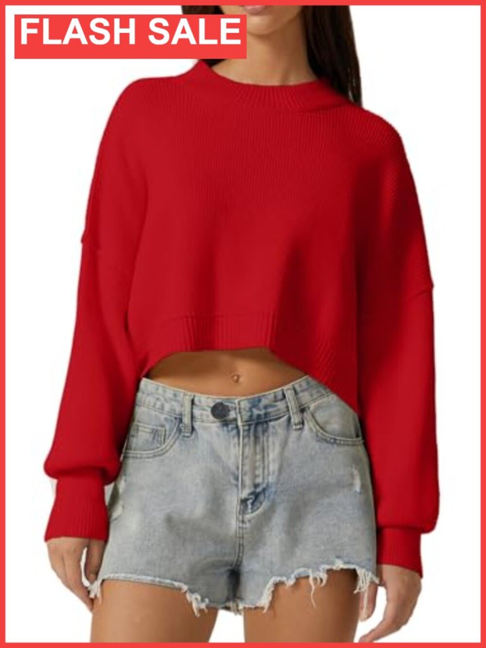 QINSEN Mock Neck Cropped Sweater Long Sleeve Oversized Knit Pullover